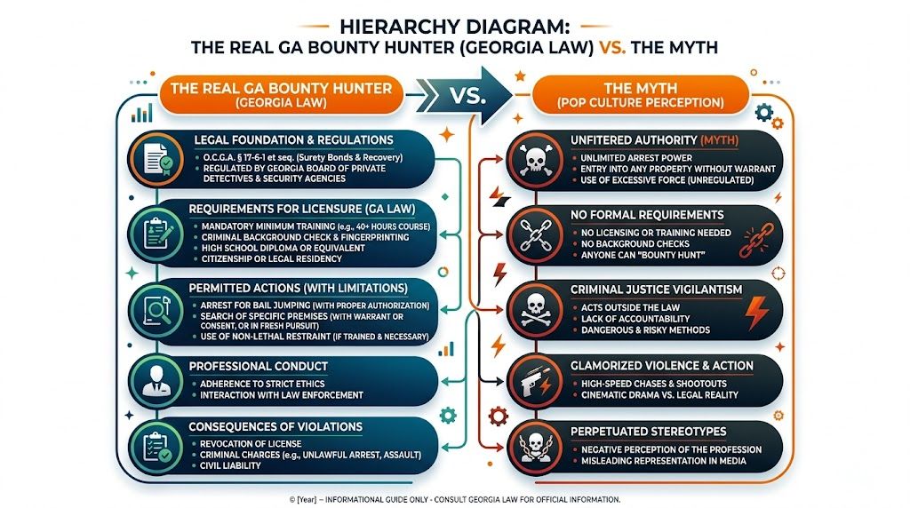 A comparison infographic showing the legal reality of Georgia bounty hunters versus common pop culture myths.