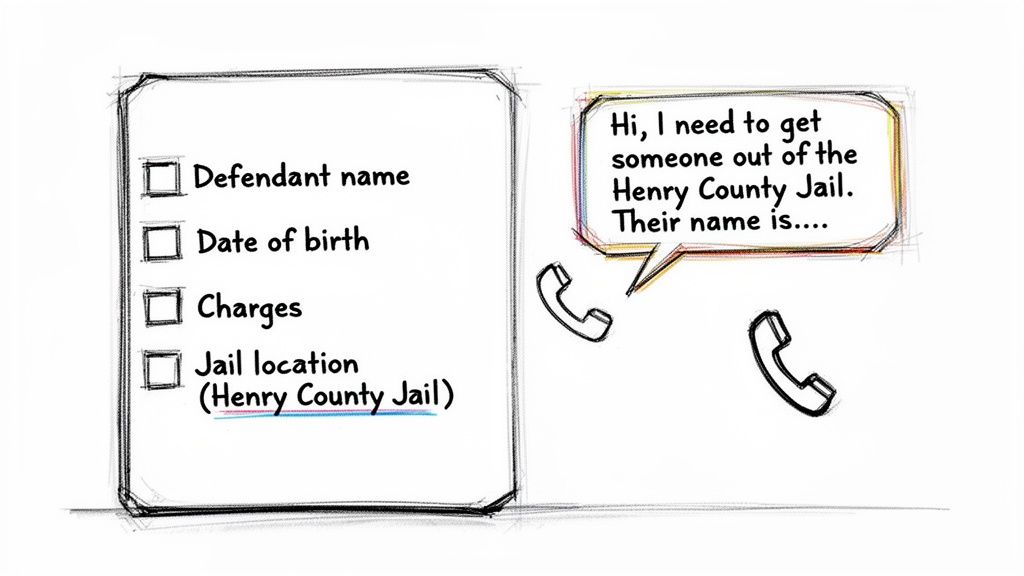 A checklist for jail release information and a phone call requesting someone released from Henry County Jail.