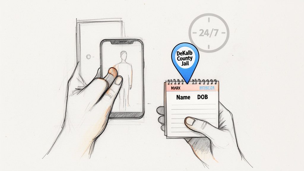 Illustration of hands with phone, notebook, DeKalb County Jail location pin, and 24/7 service.