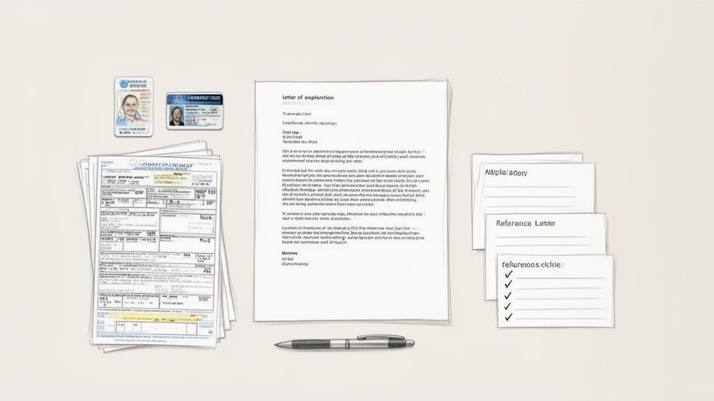 A collection of paperwork including IDs, forms,letters, and notes, with a pen, on a light background.