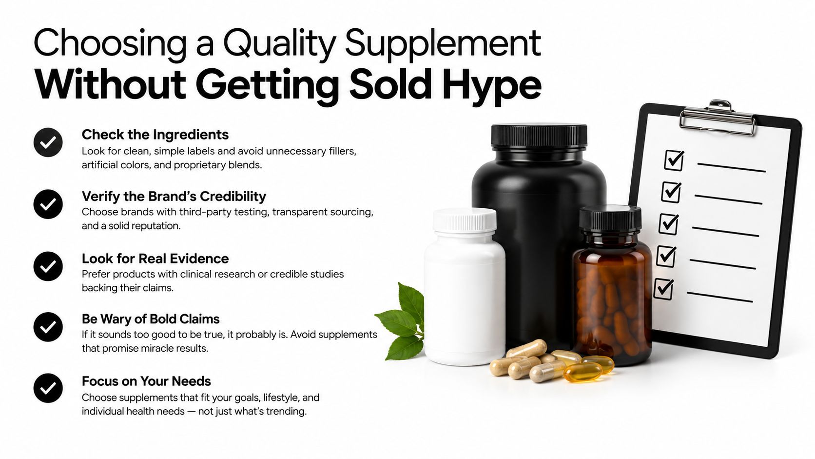 A checklist infographic providing five essential tips for choosing high-quality, reliable dietary supplements safely.