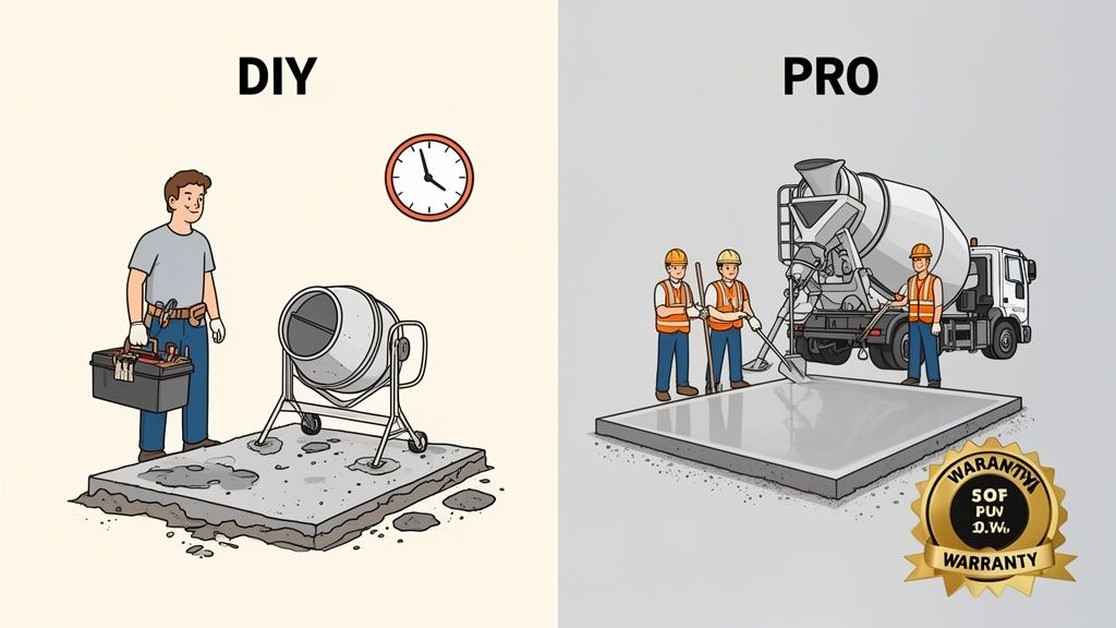 Comparison of DIY concrete work with a mixer, and professional concrete pouring with a truck and crew, highlighting quality.