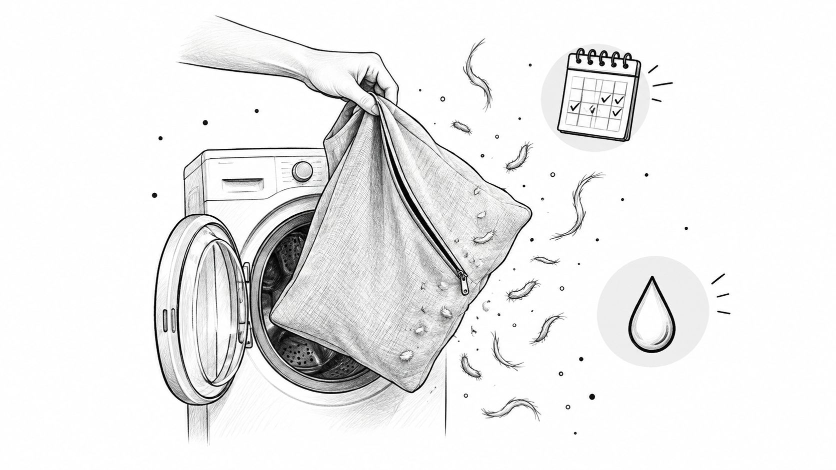 A hand placing a zippered fabric cushion cover into an open washing machine to clean it