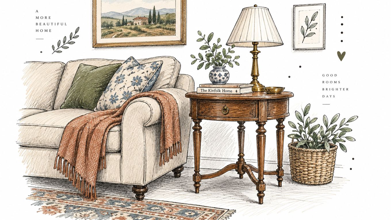 A hand-drawn illustration of a cozy living room featuring a sofa, an antique side table, and decor.