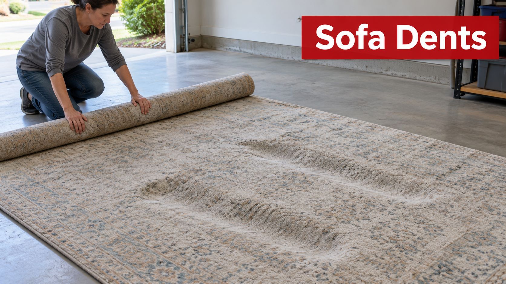 A woman rolling out a large area rug in a garage, revealing deep sofa furniture dents.
