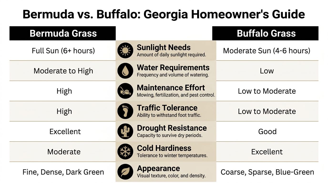 A comparison chart outlining the differences between Bermuda grass and Buffalo grass for Georgia homeowners.