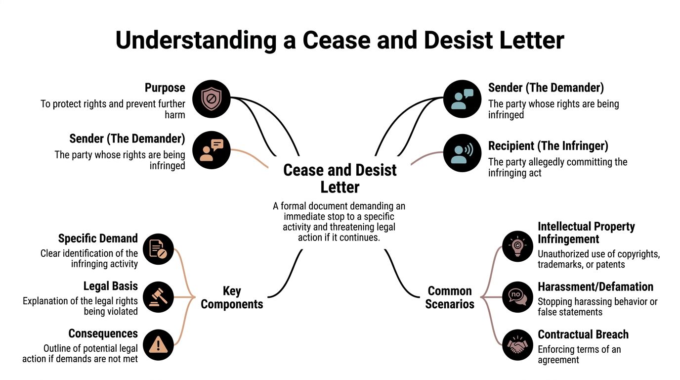 A comprehensive infographic explaining the definition, purpose, components, and common scenarios of a cease and desist letter.