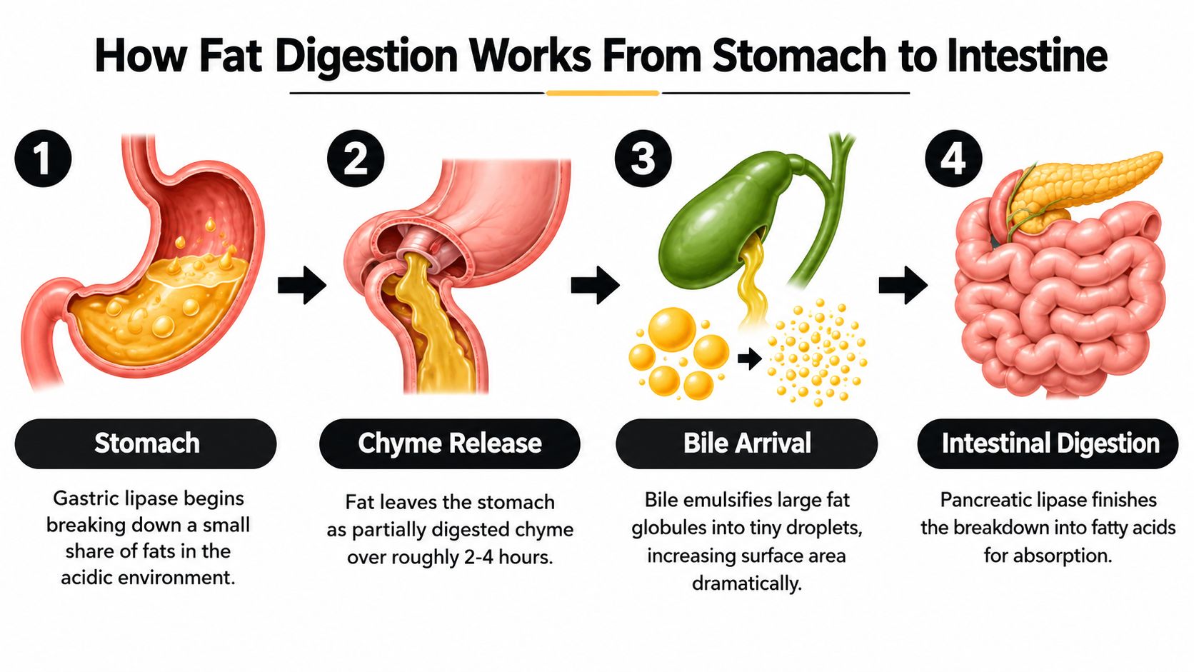 A four-step infographic showing the biological process of human fat digestion from the stomach to the intestine.