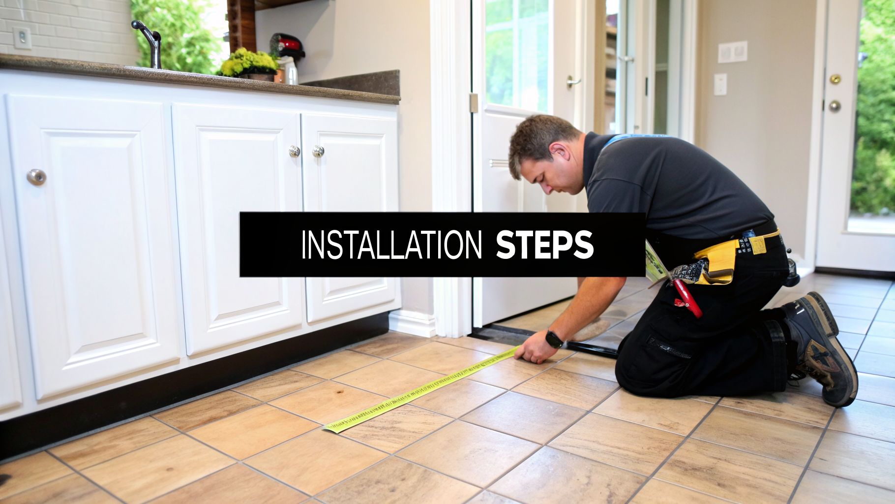 A technician on knees measures a tiled kitchen floor next to white cabinets during installation.