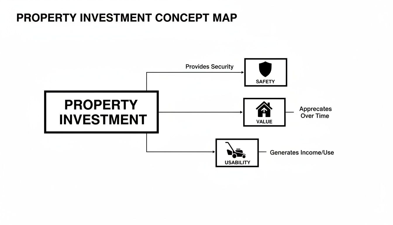 A concept map showing property investment benefits, including safety, value appreciation, and income generation.