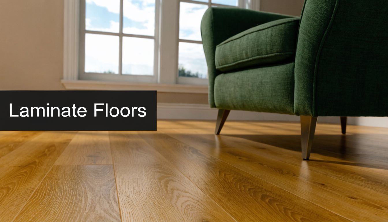 A close-up view of warm-toned laminate flooring in a cozy living room with a green chair.