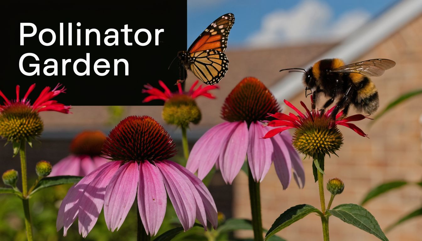 A monarch butterfly and a bumblebee pollinating vibrant pink coneflowers in a sunlit garden setting.