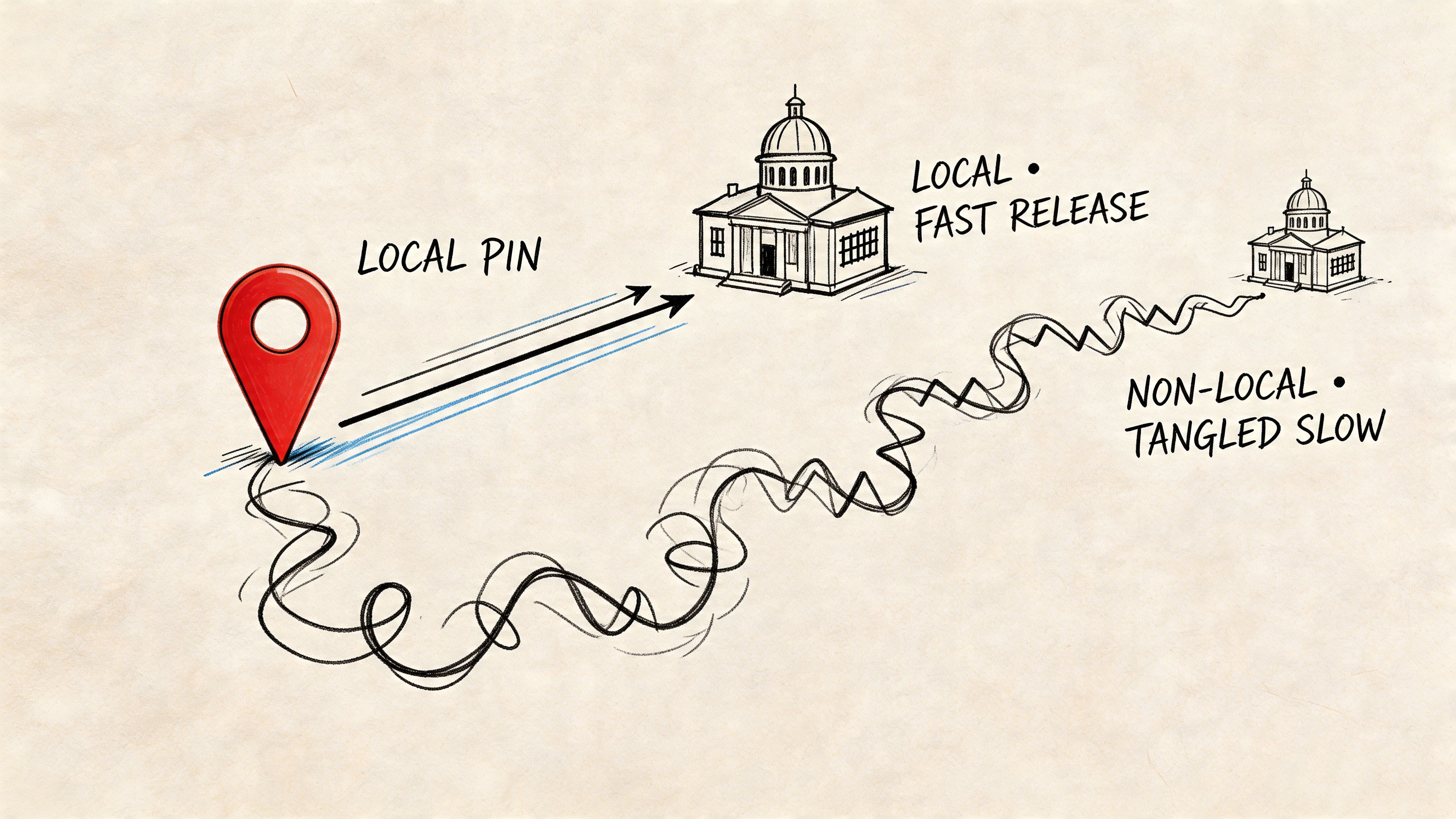 A diagram comparing a fast direct path to a local pin versus a slow tangled path.