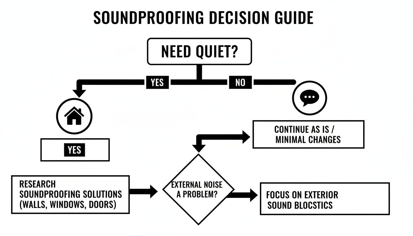 A soundproofing decision guide flowchart helps determine if quiet is needed and if external noise is a problem.