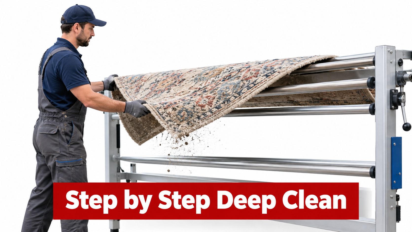 A professional rug cleaning technician using specialized machinery to remove dust and debris from a large carpet.