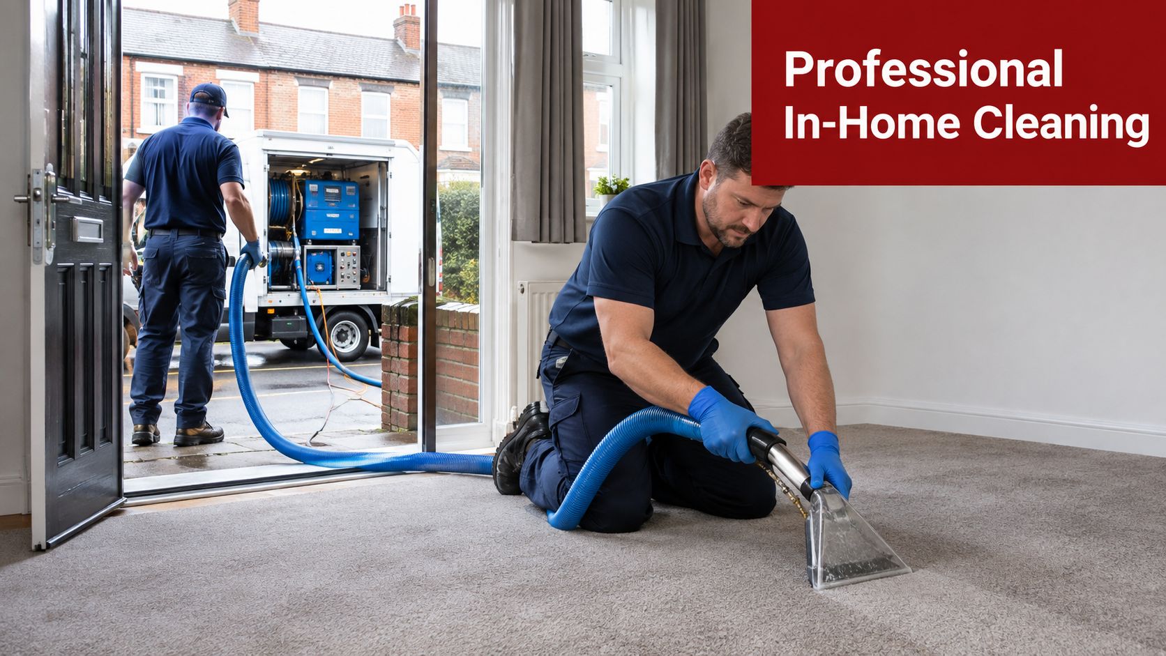 Two professional cleaners using heavy-duty vacuum equipment to clean a carpet inside a residential home.