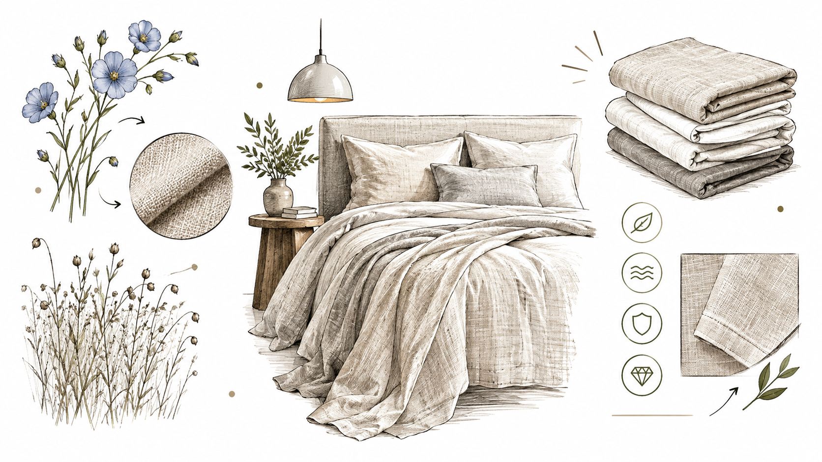 A conceptual sketch illustrating the process of turning blue flax flowers into high-quality linen bedding textiles.