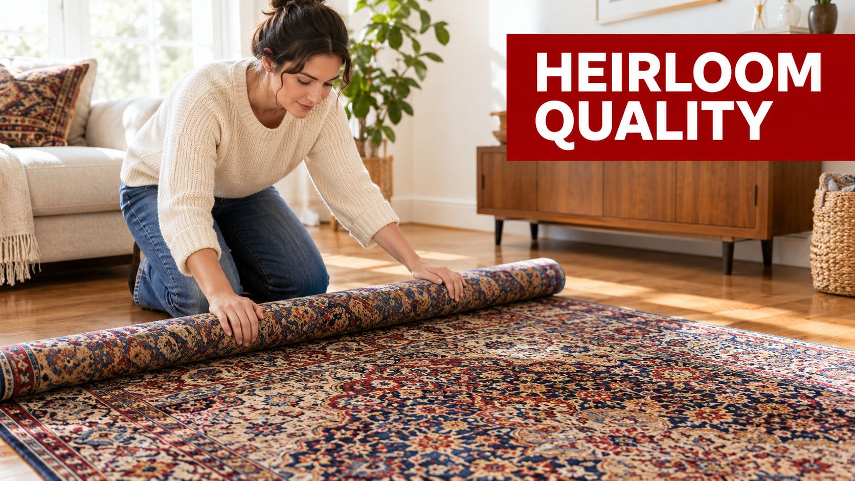 A woman kneeling on a hardwood floor, carefully unrolling a large, intricate, traditional Persian-style patterned area rug.