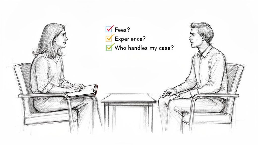 Two people discuss legal services, with a checklist about fees, experience, and case handling.