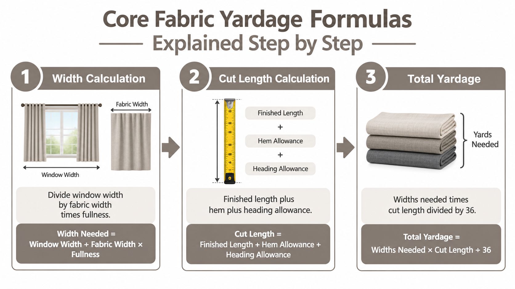 A three-step infographic showing formulas to calculate the total fabric yardage needed for window curtains.