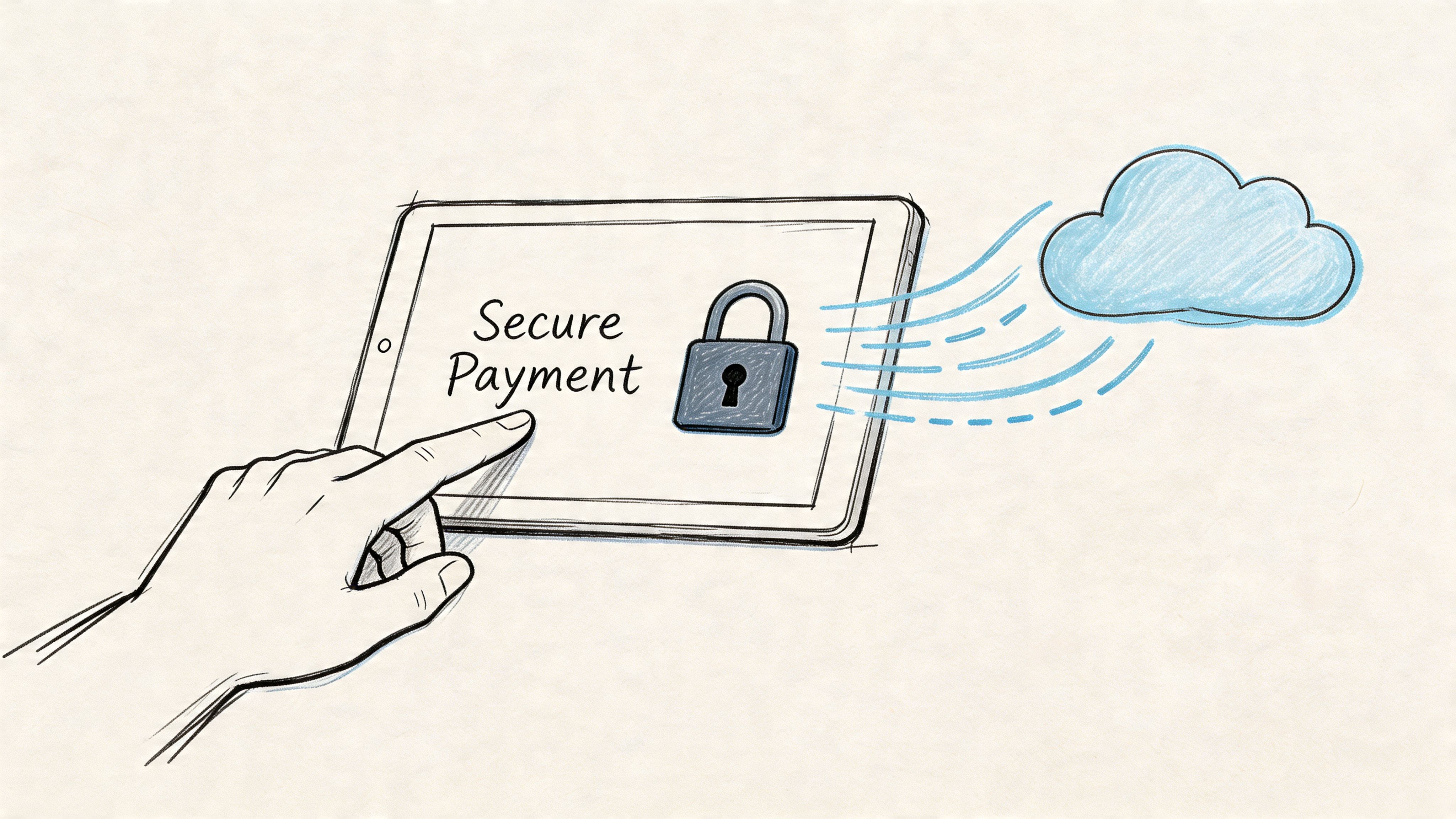 A hand touching a tablet screen displaying the text Secure Payment with a lock icon connecting to a cloud.