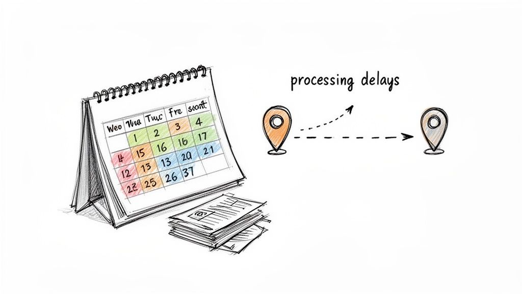 A sketch showing a calendar, papers, and two location pins with 'processing delays' indicating a delay in a process.