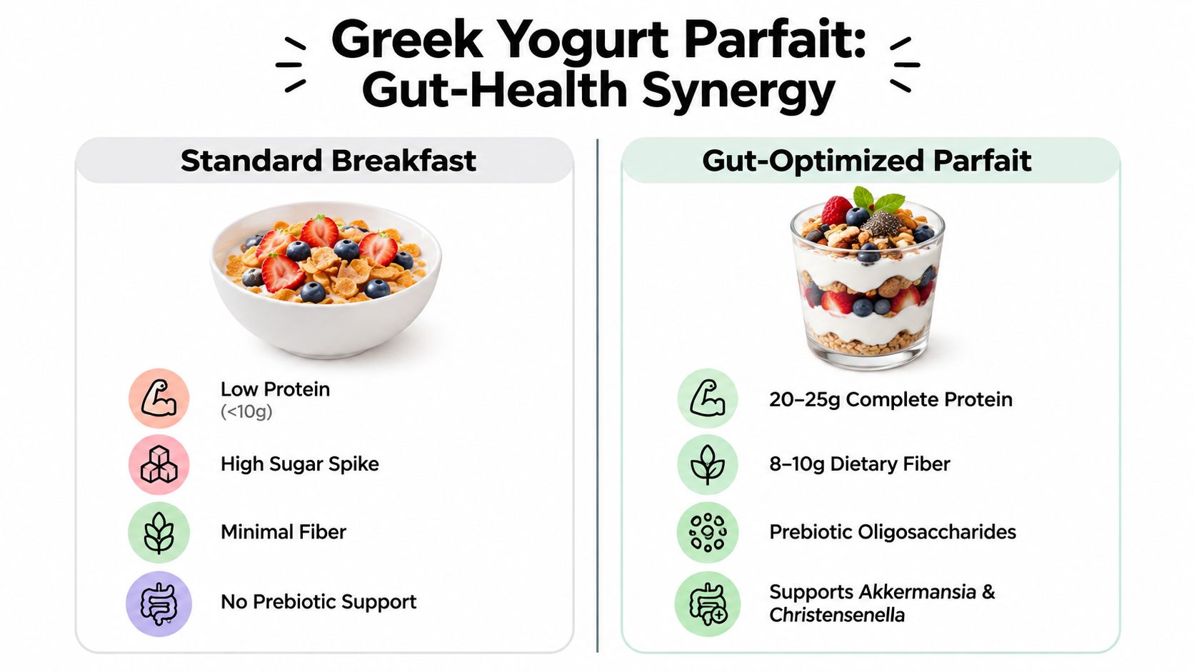 A comparison chart showing the nutritional differences between a standard breakfast and a gut-optimized yogurt parfait.