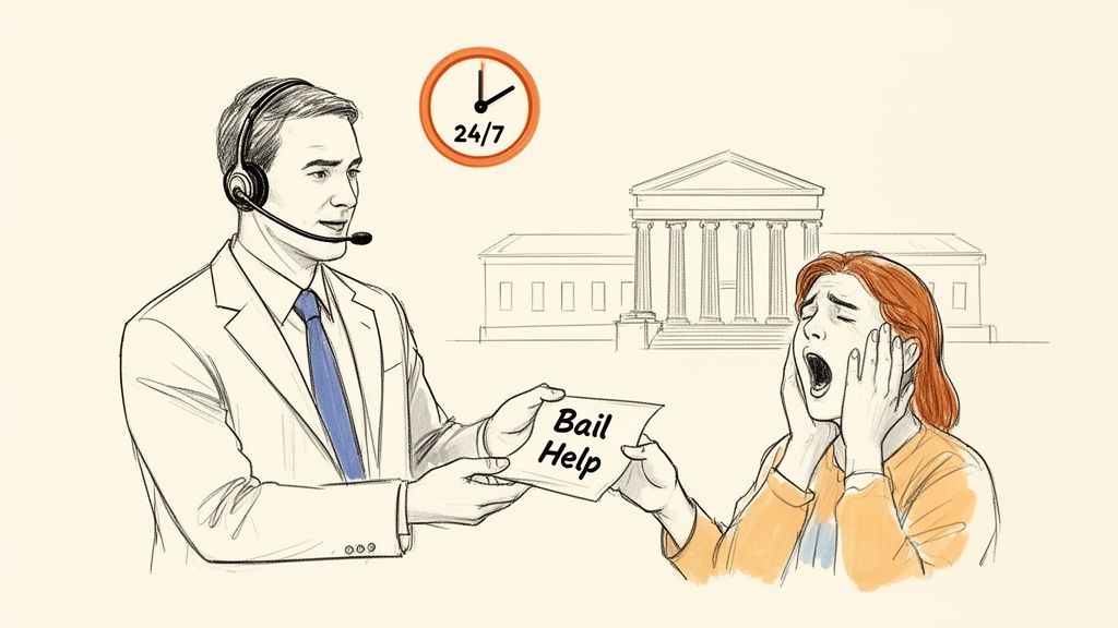 Man in headset offers 'Bail Help' to a distressed woman outside a courthouse, indicating 24/7 service.