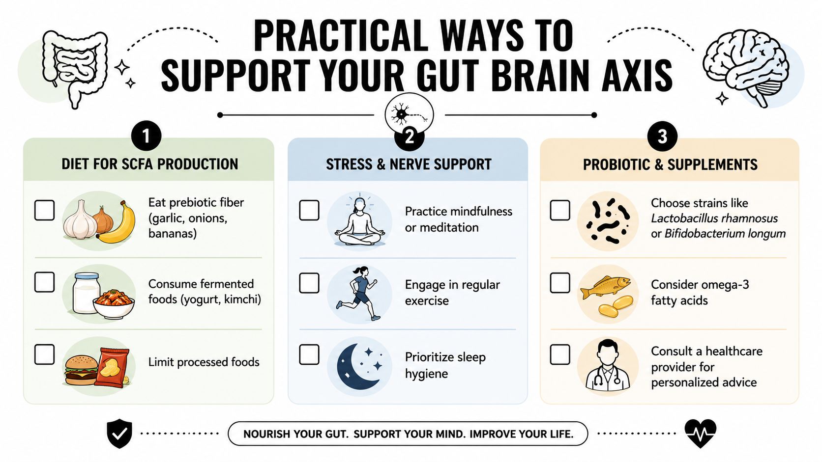 An infographic titled Practical Ways to Support Your Gut Brain Axis, showing dietary, lifestyle, and supplemental tips.