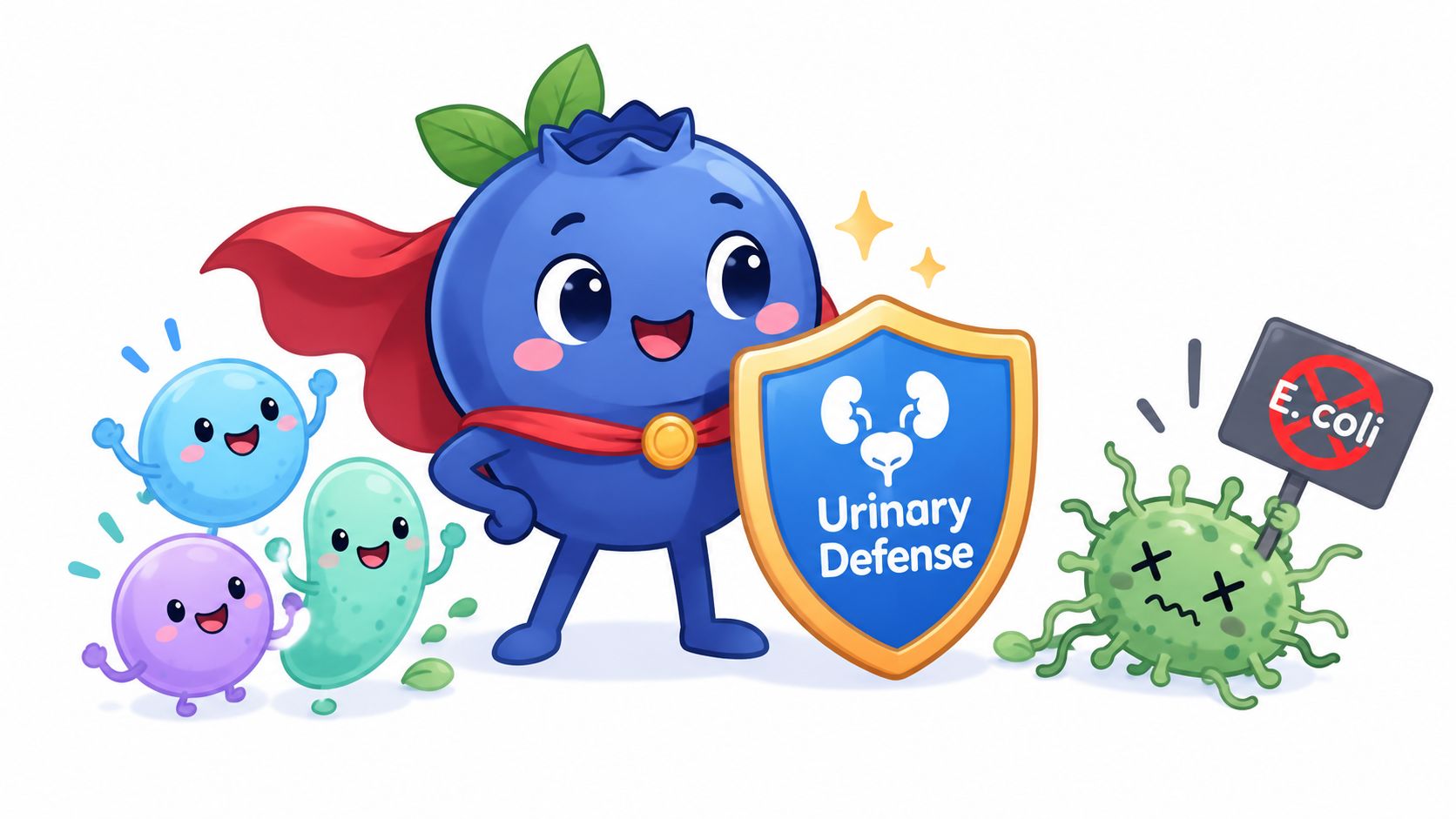 A cartoon blueberry superhero holding a urinary defense shield next to a defeated E. coli bacteria.