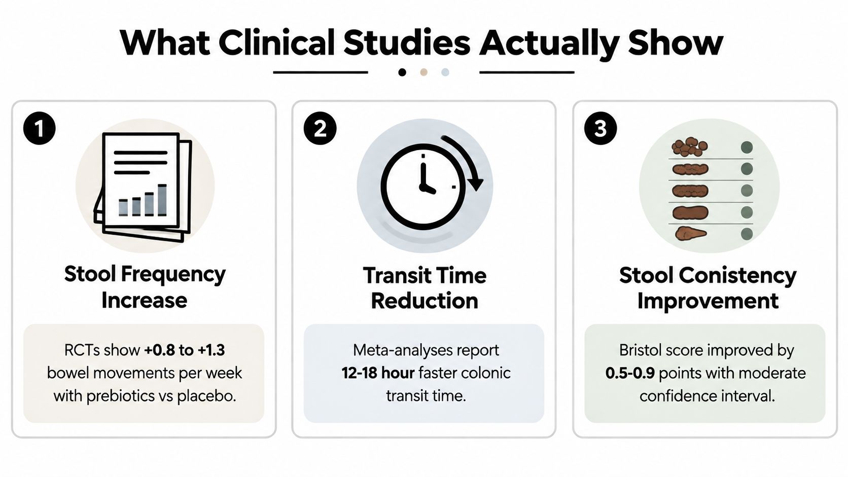 An infographic showing clinical study results on how prebiotics improve constipation through frequency, transit time, and consistency.