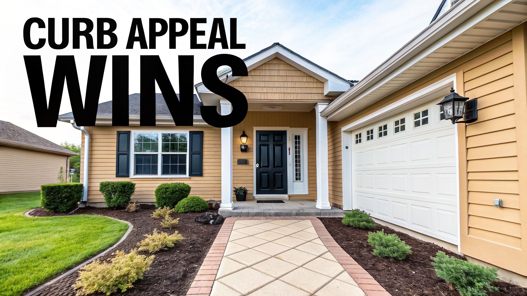 Front of a house with yellow siding, black shutters, and a beautifully landscaped yard showcasing excellent curb appeal.