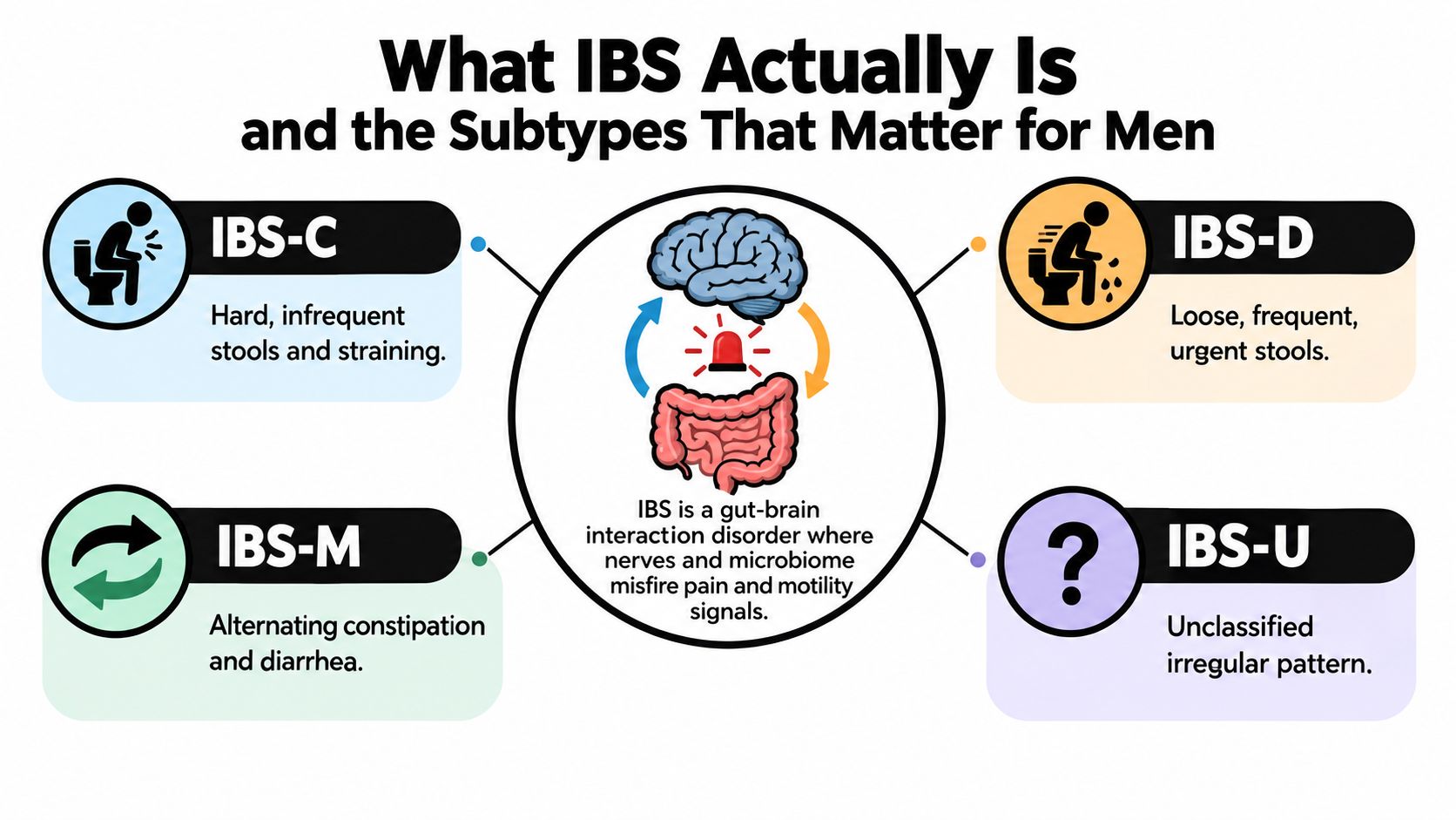 A diagram explaining IBS as a gut-brain interaction disorder and detailing its four main subtypes for men.
