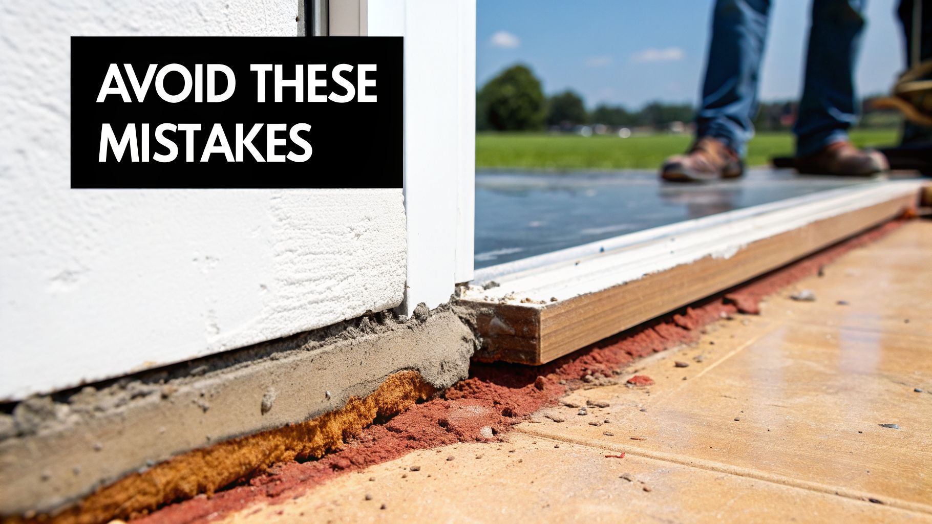 Close-up of a construction worker's feet near a door threshold with exposed underlayment and concrete, highlighting common mistakes.