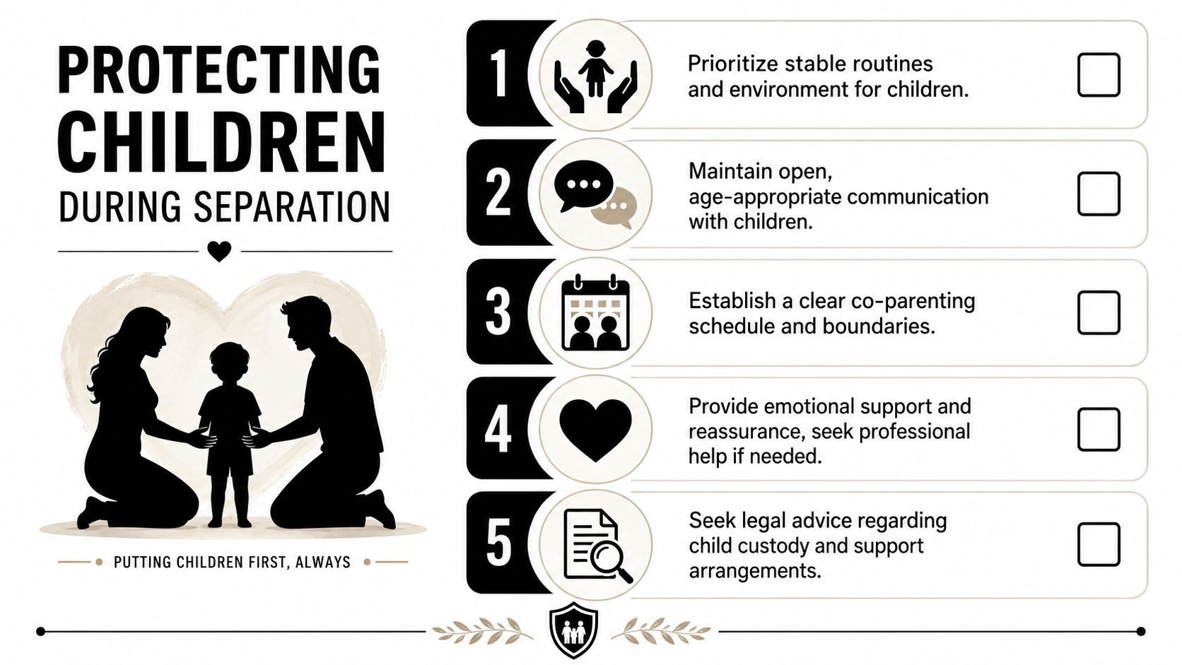 An infographic titled Protecting Children During Separation listing five key steps for parents to support children.