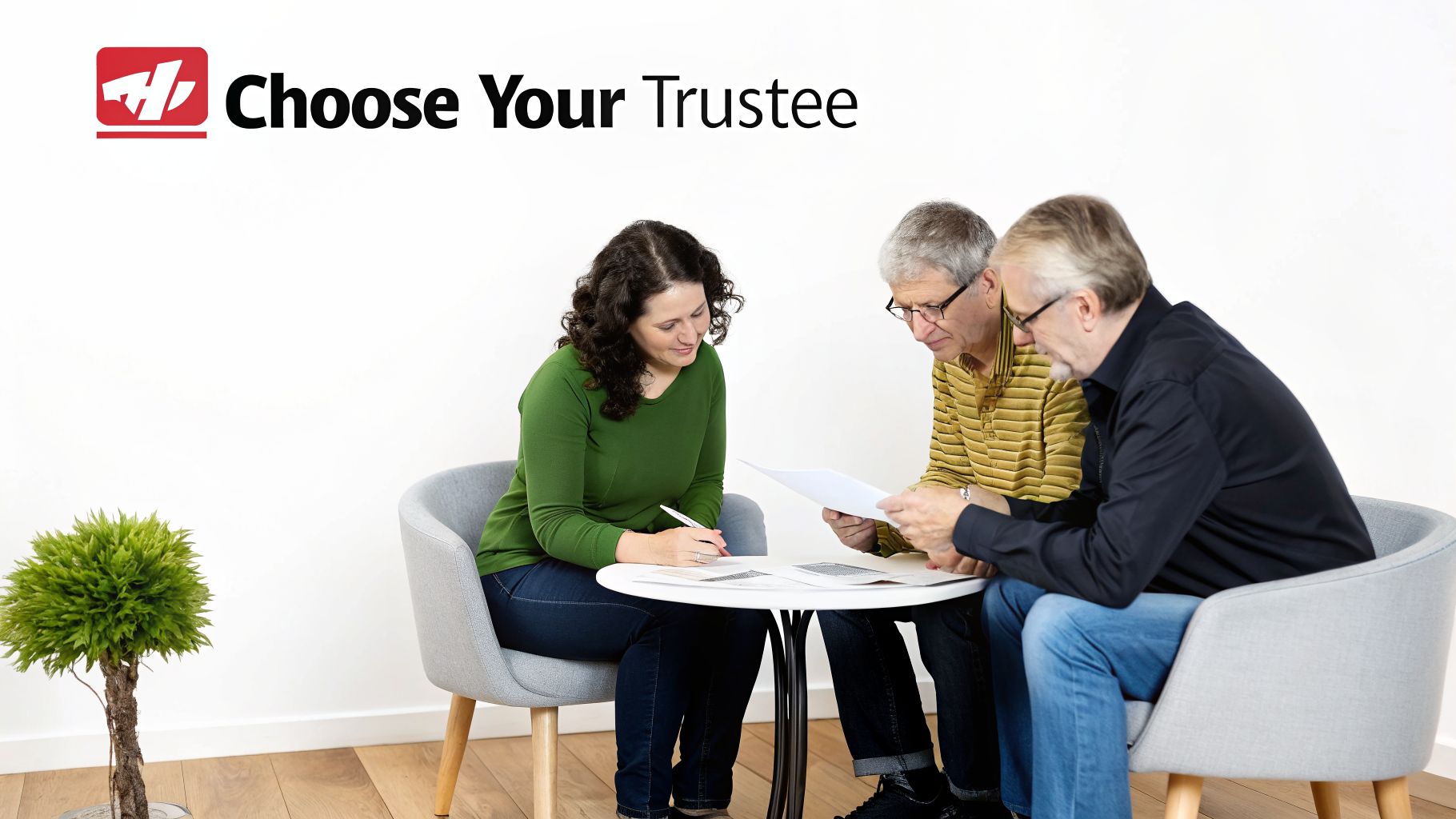 Three individuals, including a woman signing, review documents at a table with 'Choose Your Trustee' text.