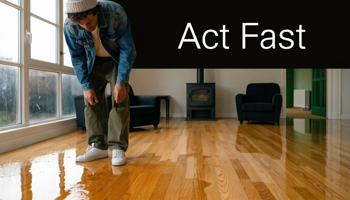 A person standing on a flooded hardwood floor in a living room looking at the water damage.