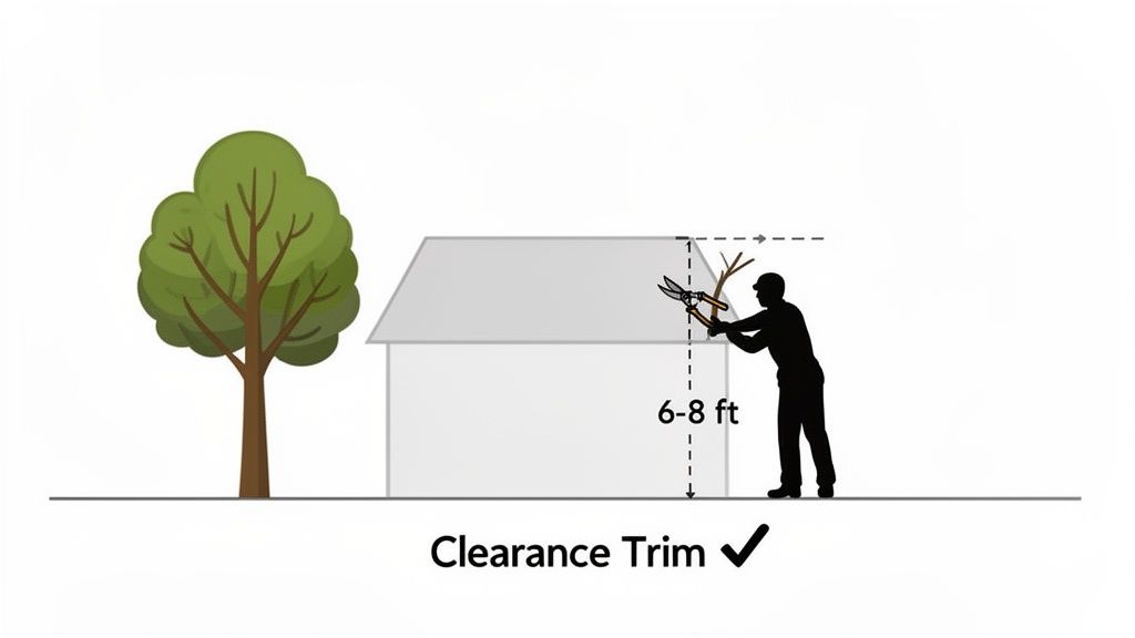 A person uses loppers to trim tree branches away from a house, maintaining 6-8 ft clearance.