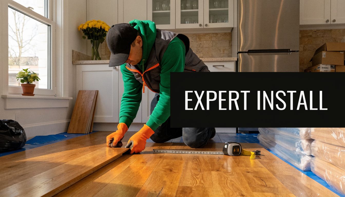 A professional flooring installer in orange gloves carefully laying hardwood planks on a kitchen floor.