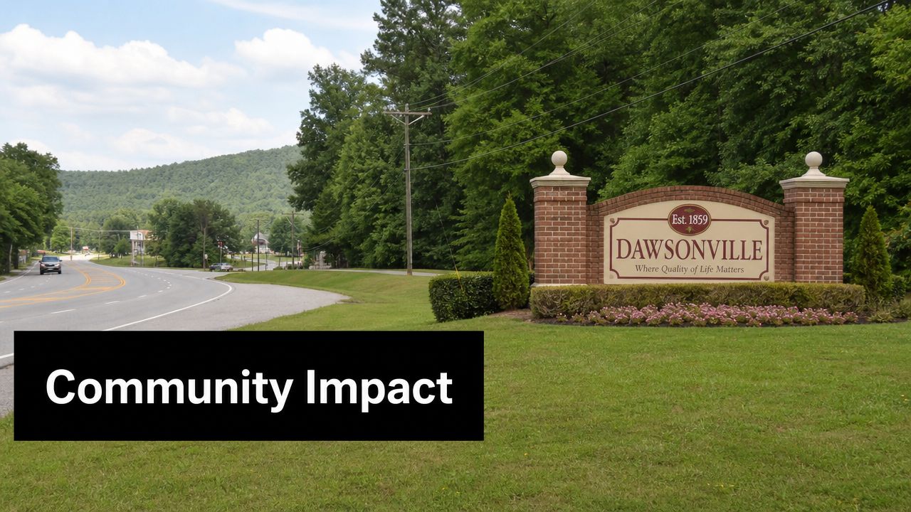A welcoming sign for the city of Dawsonville located near a road with lush green mountains.