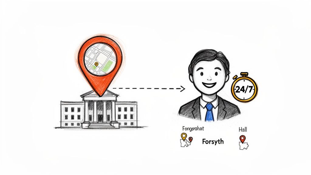 Illustration of a building with a map pin pointing to a smiling man offering 24/7 service.