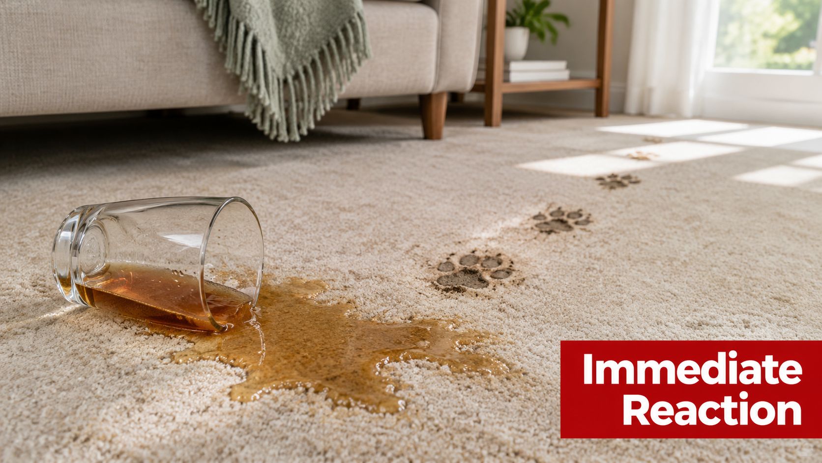 A spilled glass of liquid and muddy paw prints on a light-colored carpet in a living room.