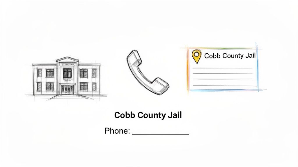 Sketches depicting Cobb County Jail building, a phone, and a location pin with 'Cobb County Jail Phone' text.