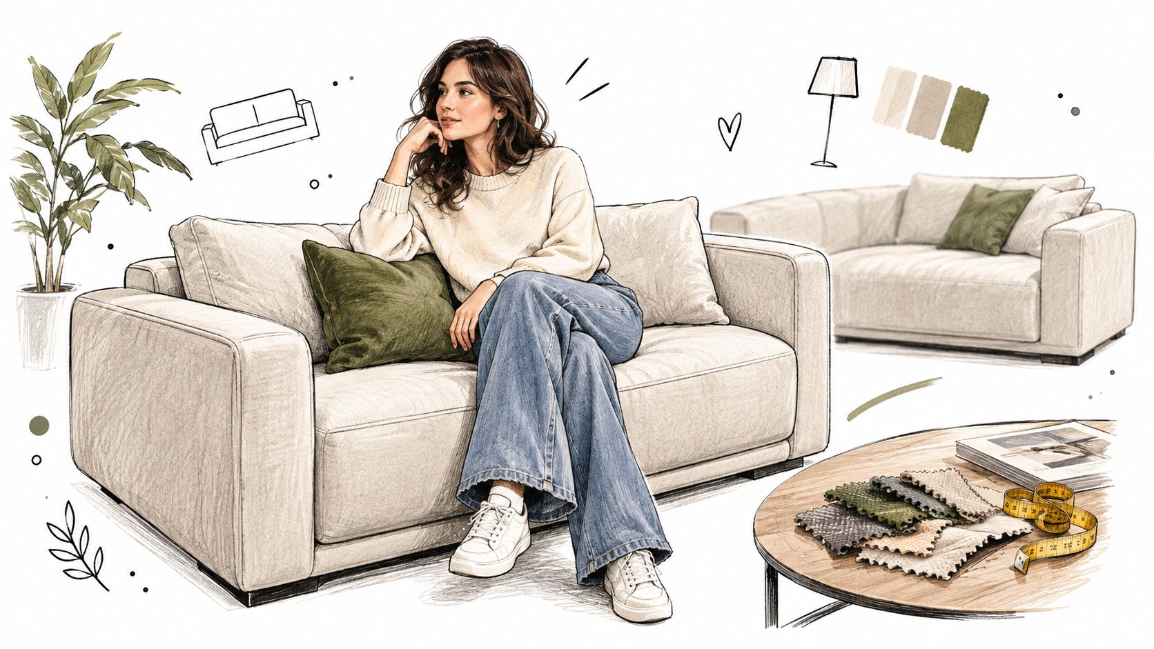 A woman sits on a beige upholstered sofa in a bright room, showcasing interior design and textiles.