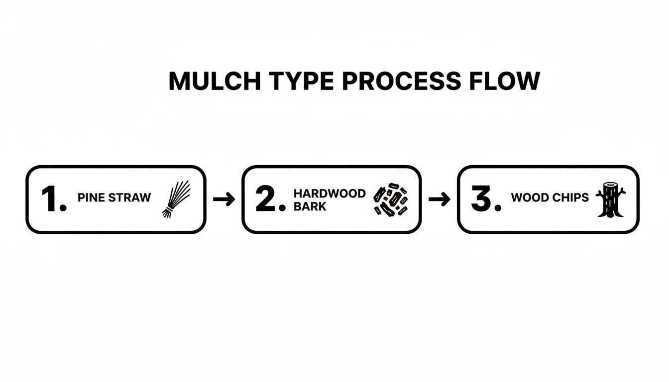 Flow chart illustrating various mulch types including pine straw, hardwood bark, and wood chips.
