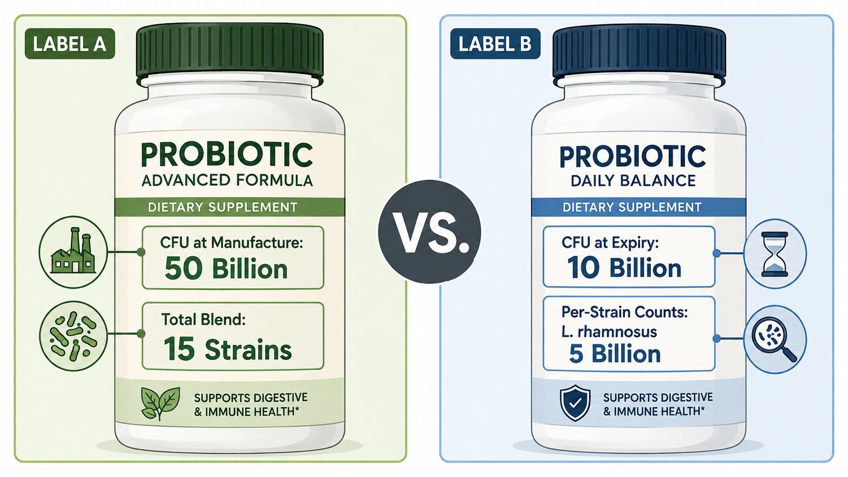A comparison between two probiotic supplement labels, Label A showing CFU at manufacture and Label B showing CFU at expiry.