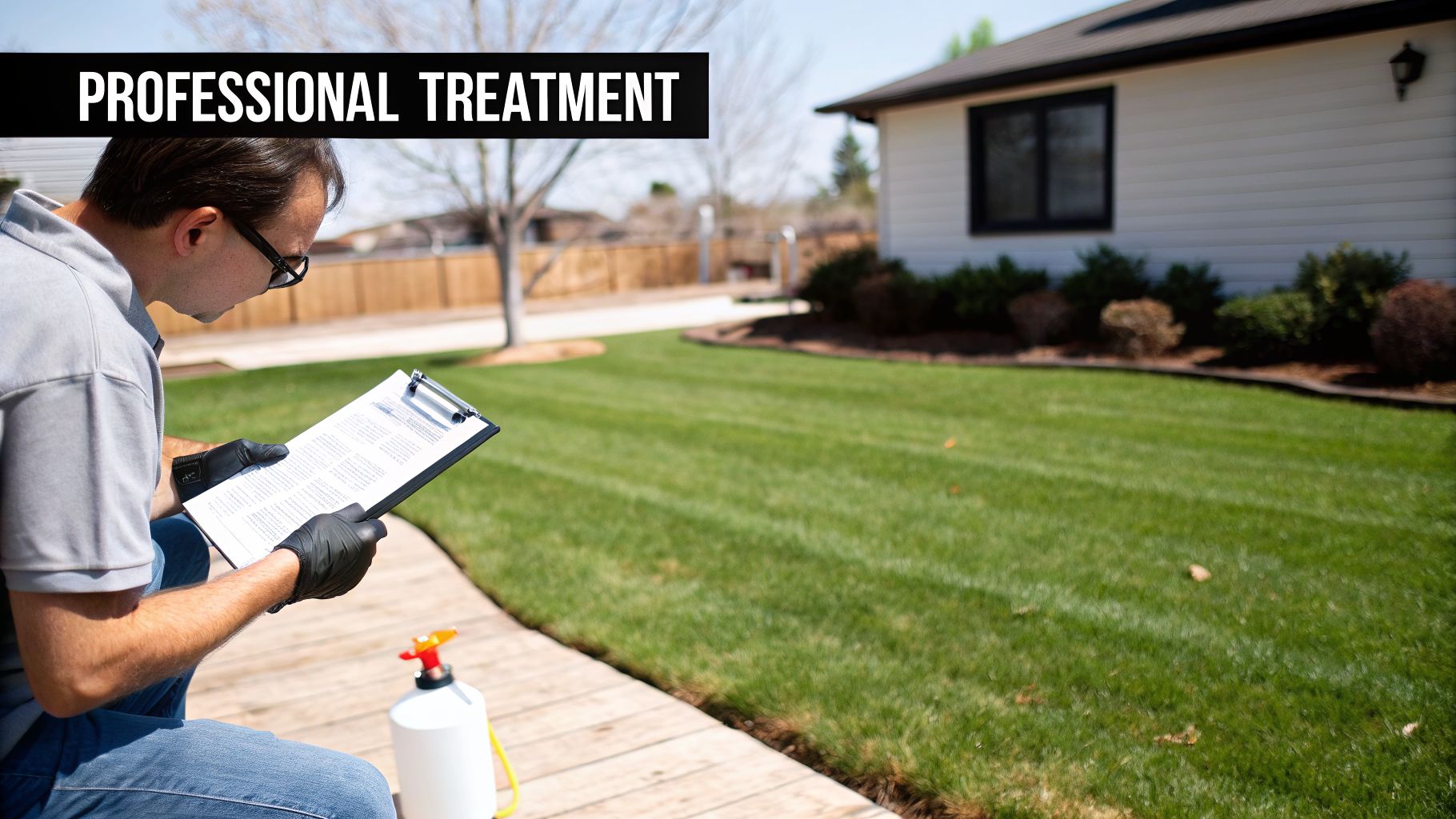 A professional technician in gloves reviews a clipboard, preparing for yard treatment on a sunny day.