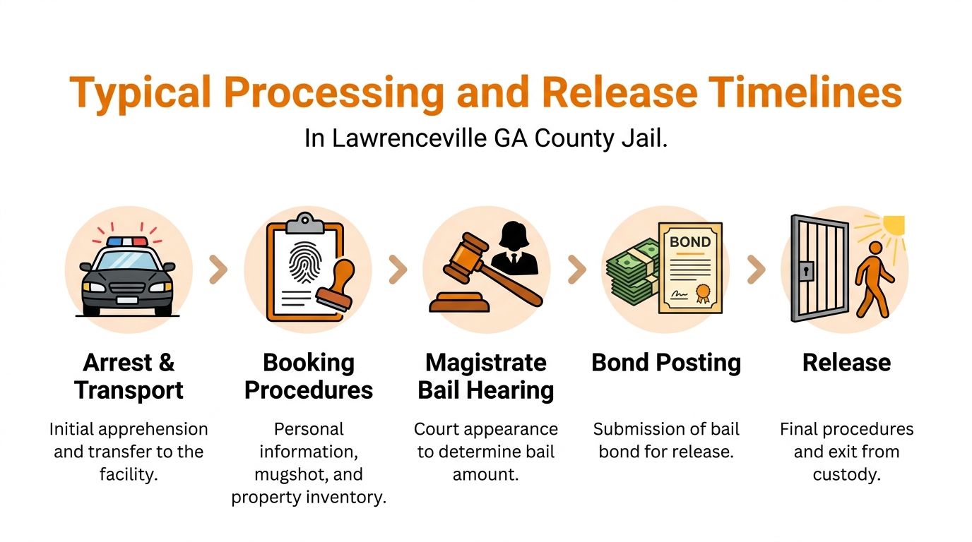 A flowchart showing the five step processing and release timeline at Lawrenceville GA County Jail.
