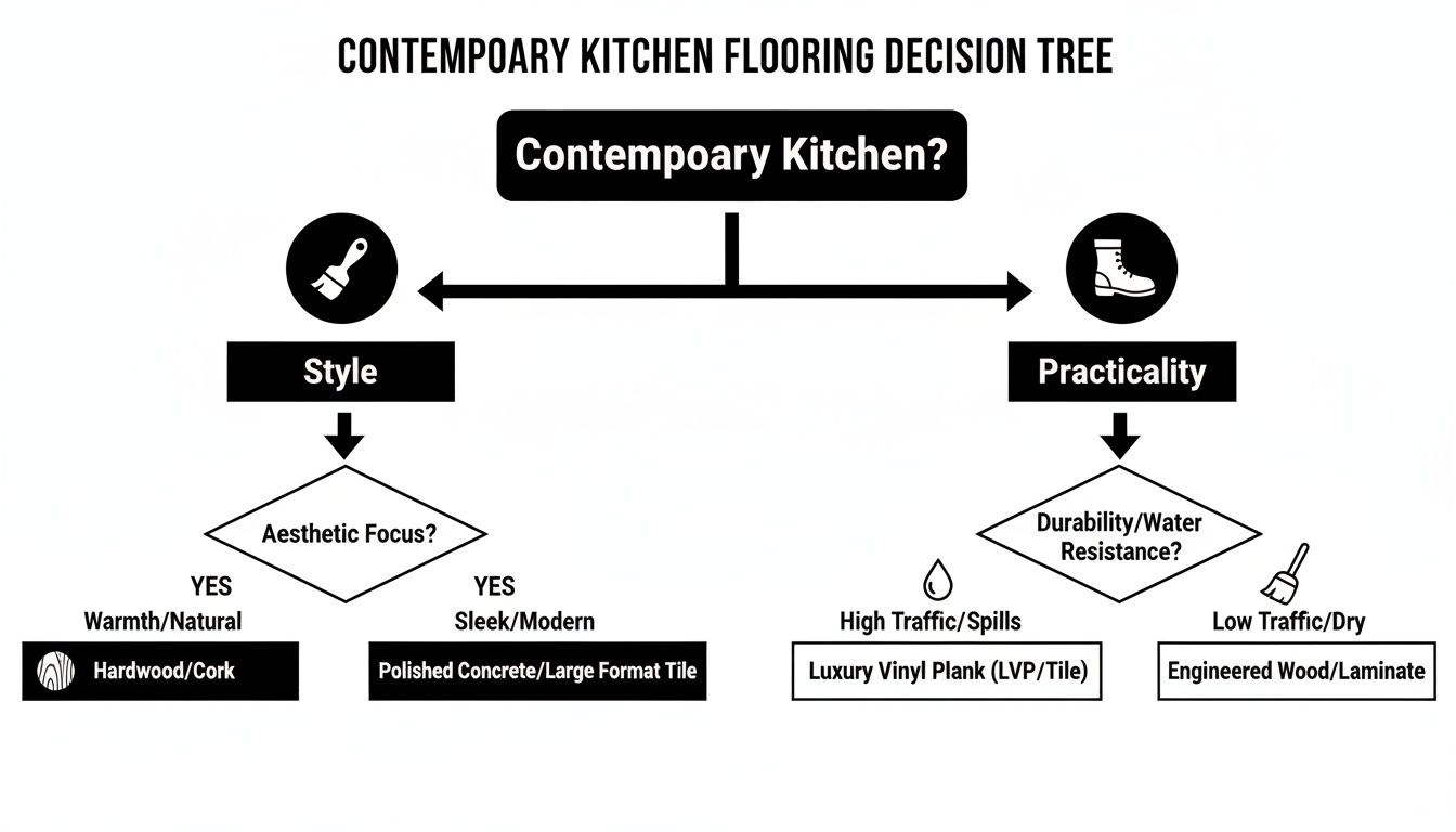 A decision tree for contemporary kitchen flooring, guiding choices based on style and practicality.