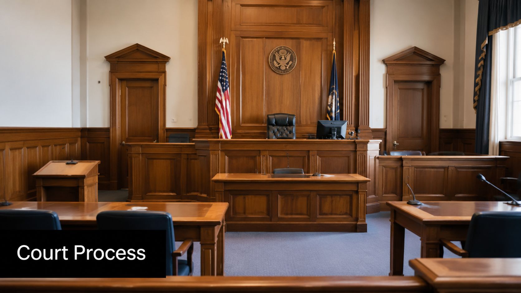 A wide angle view of an empty wood paneled American courtroom with the judge's bench and flags.